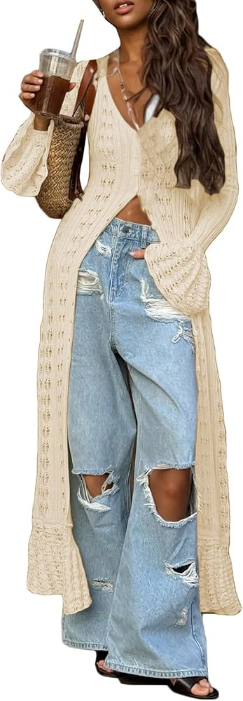 Famnbro Womens Crochet Long Cardigan Long Sleeve Duster Hollow Out Sweater Knit Dress Cover Up Va... | Amazon (US)
