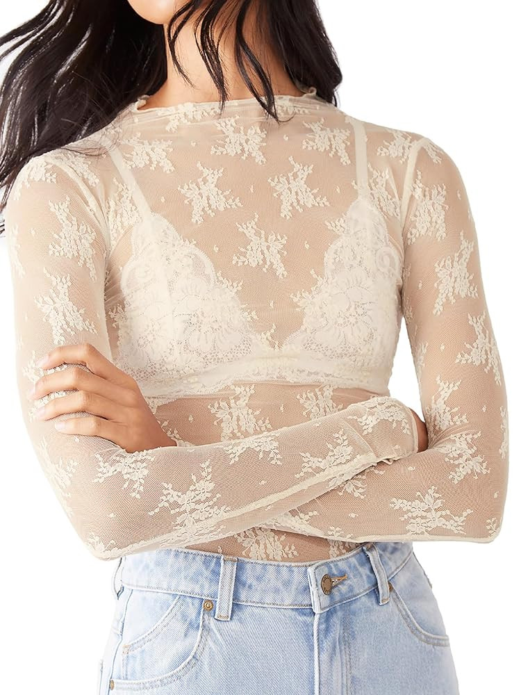 KMBANGI Women's Mesh Lace Long Sleeve Top Mock Neck Sheer Blouse Floral Lace Layering Tops Y2k Se... | Amazon (US)