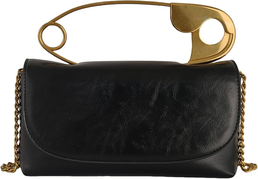 Women's Small Black Soft Pin Shaped Vegan Leather Crossbody Purse Bag with Gold Metallic Handles ... | Amazon (US)