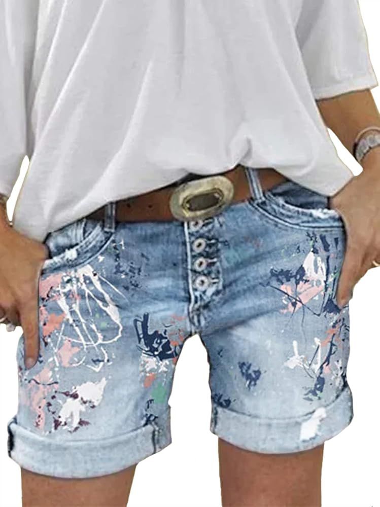 Angerella Denim Shorts for Women Mid Rise Ripped Jean Shorts Stretchy Folded Hem Hot Short Jeans | Amazon (US)