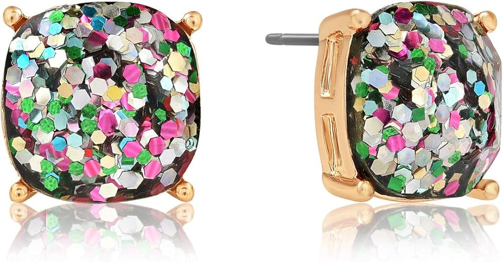 Humble Chic Large Square Stud Earrings for Women - Big Gold-Tone Glitter Statement Post Ear Studs | Amazon (US)