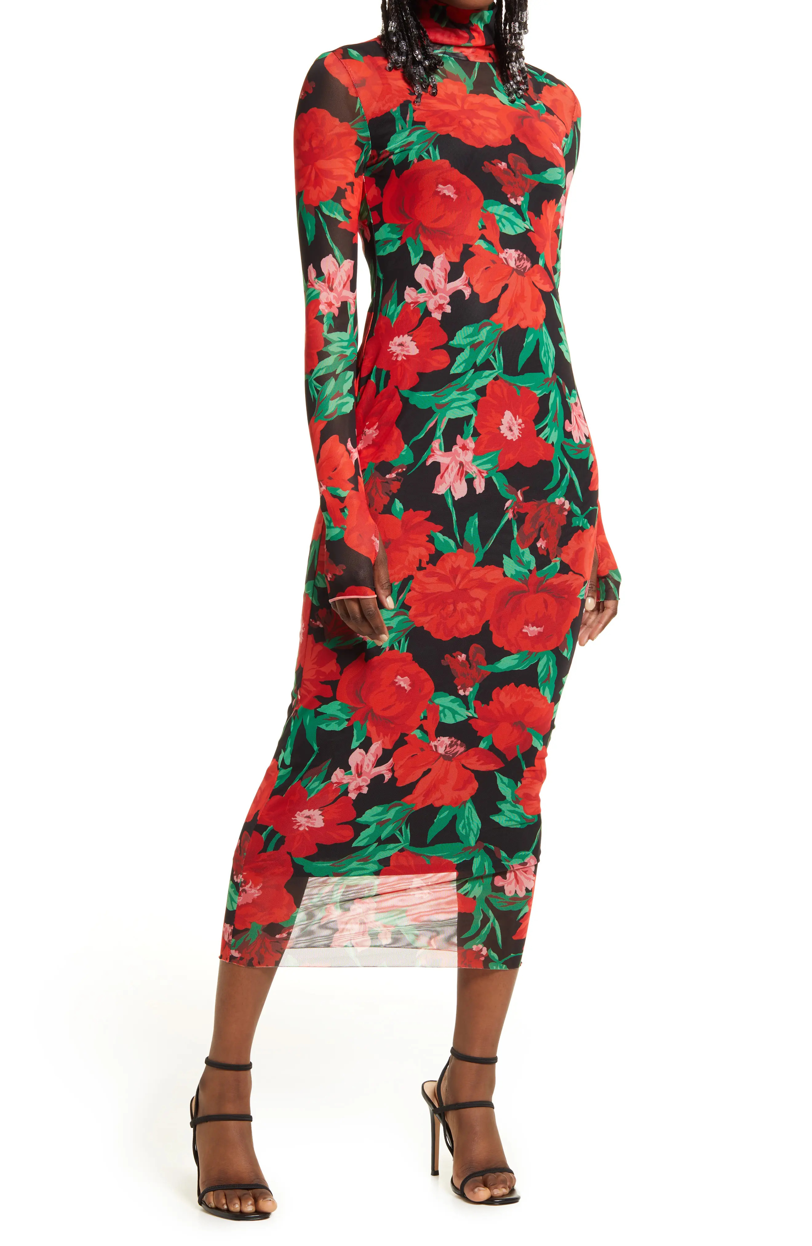 AFRM Shailene Mesh Long Sleeve Midi Dress in Rouge Garden at Nordstrom, Size Medium | Nordstrom