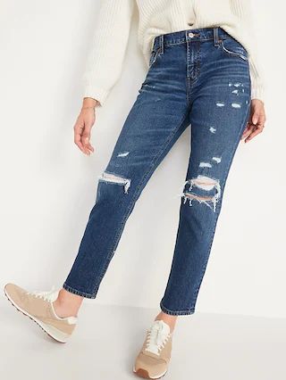 Mid-Rise Ripped Boyfriend Straight Jeans for Women | Old Navy (US)