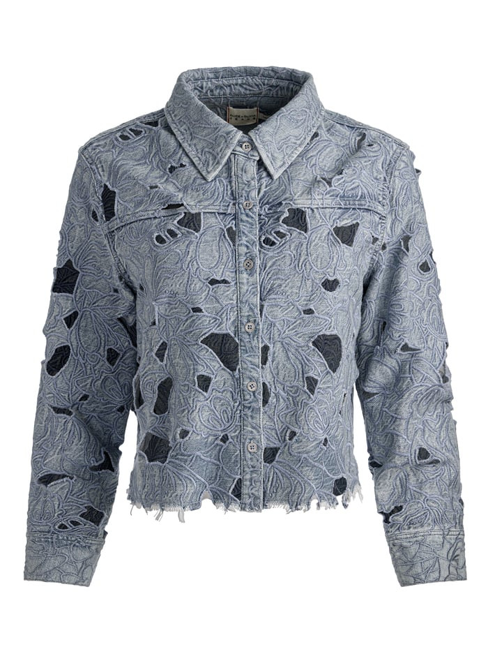 FINELY LASER-CUT DENIM SHIRT | Alice + Olivia