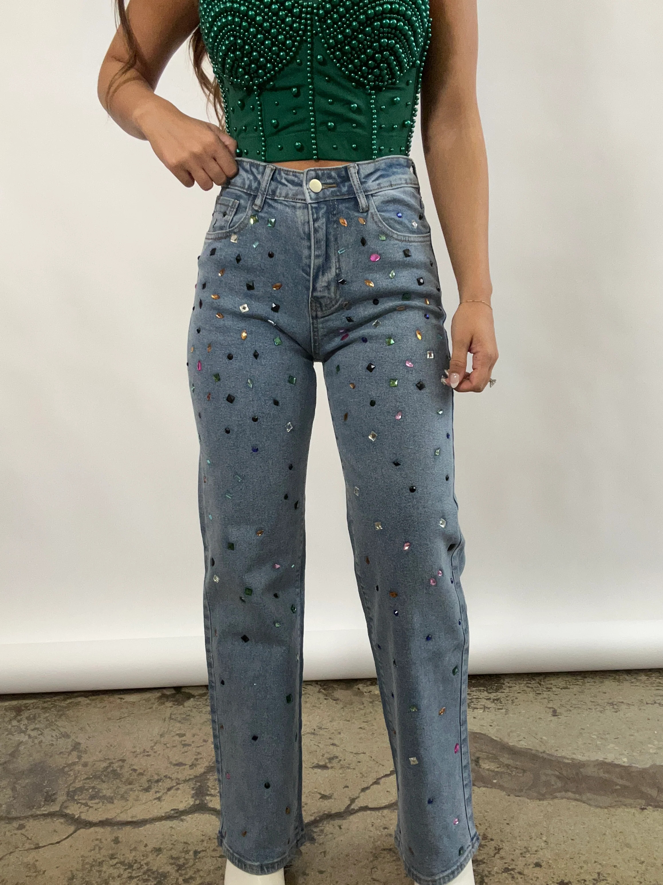 Rubi Rainbow Rhinestone Straight Denim Jeans | Willow Boutique