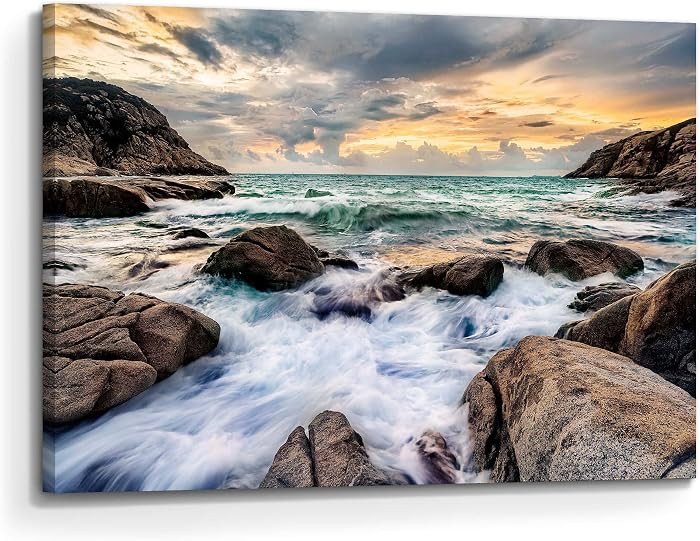 Artitude Ocean Wave Canvas Wall Art: Modern Beach Sunset Print Decor Sea Rocky Picture Living Roo... | Amazon (US)