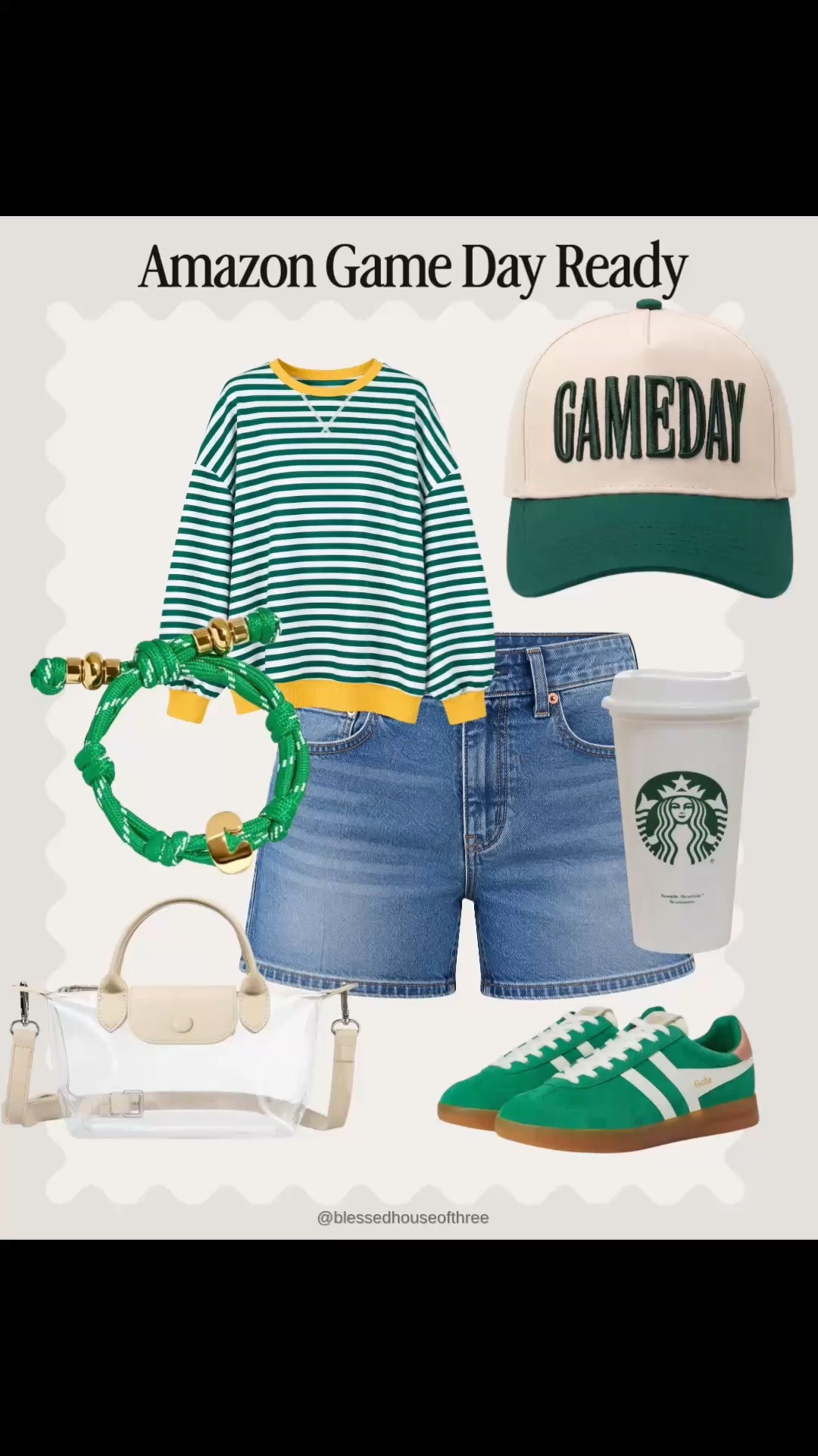 Amazon game day outfit ideas that are cute, casual and easy to mix and match all football season! I found so many fun Amazon fashion finds for putting together a football game outfit, tailgate outfit or football mom outfit, including game day tops, denim shorts, a pleated skort, retro sneakers, game day hats, a clear stadium bag, collapsible water bottle, jewelry and accessories. I love the green striped sweatshirt styled with denim shorts and sneakers for an easy casual game day outfit, while the graphic game day tee and white pleated skirt make such a cute sporty game day look. These pieces are easy to work into your team colors without needing a head-to-toe team logo outfit and would be perfect for football games, tailgating, watch parties, school games or weekend sports. Linking all of these Amazon game day finds so you can mix and match your favorites for football season!

#LTKootd #LTKmomlife #LTKSeasonal