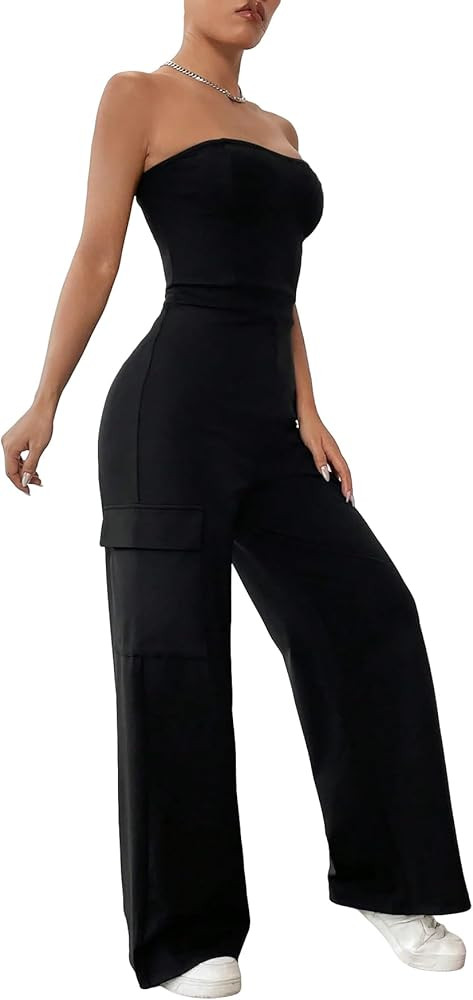 MakeMeChic Women's Casual Solid Backless Sleeveless Jumpsuits Flap Pocket Side Tube Jumpsuit | Amazon (US)