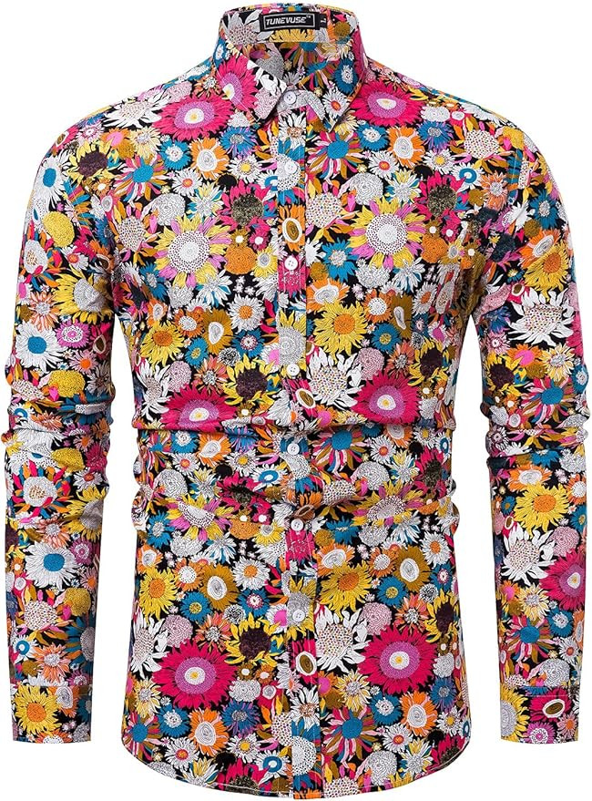 TUNEVUSE Men Floral Dress Shirts Long Sleeve Casual Button Down Flower Printed Shirts 100% Cotton | Amazon (US)