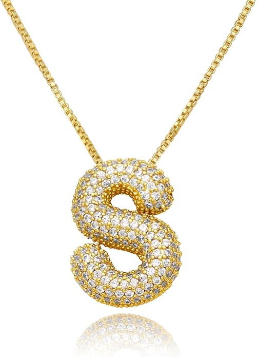 18K Bubble Letter Necklace Gold for Women, Chunky Gold Necklace Rhinestone Initial Necklaces as V... | Amazon (US)