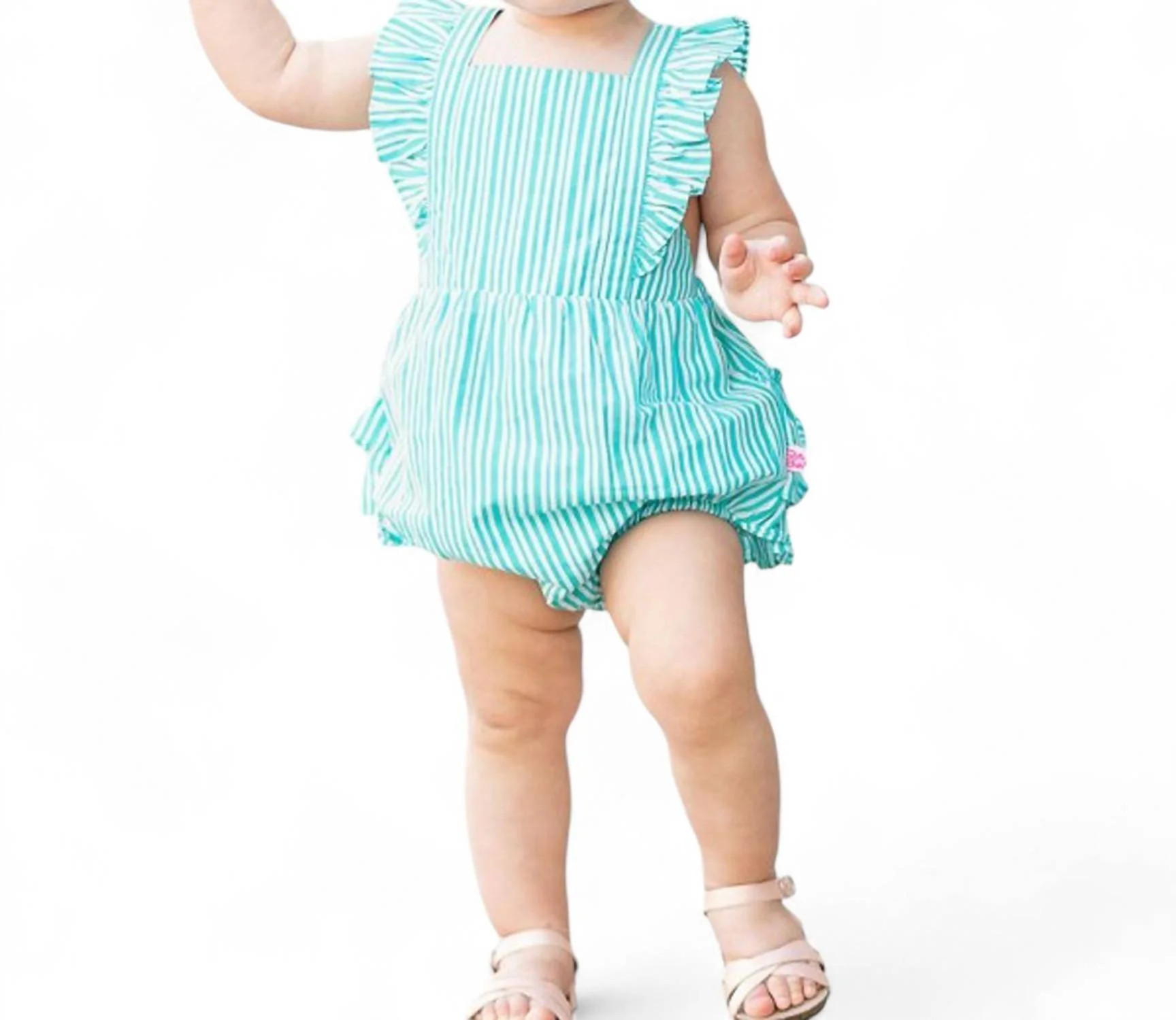 Bella Stripe Bubble Romper In Aqua/white | Shop Simon