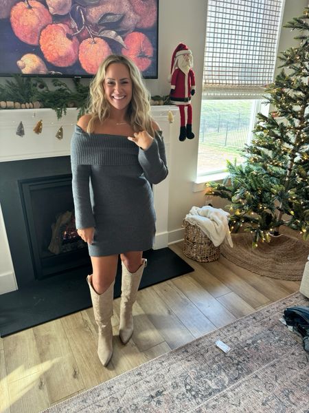 Off the shoulder gray sweater dress from Hollister and knee high wide calf boots from Pink Lily! My favorite necklace from Etsy! 

#LTKstyletip #LTKfindsunder50 #LTKmidsize
