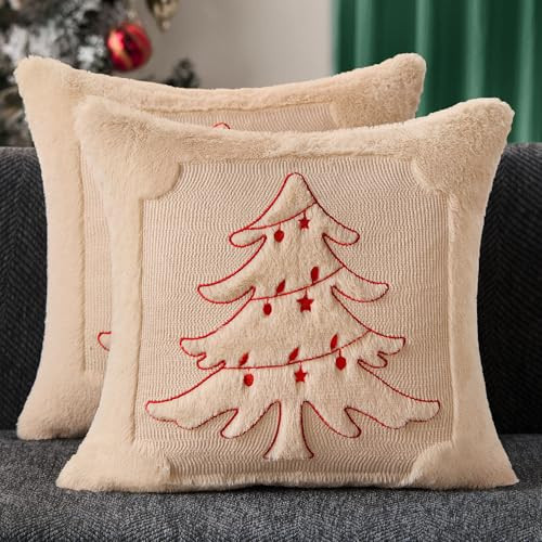 DFXSZ Christmas Pillow Covers 18x18 Red Star Light Beige Christmas Tree Decoration Soft Plush Faux Fur Jacquard Throw Pillows for Bedroom Sofa Holiday Festivals Winter Home Decor PTK067C18 | Amazon (US)