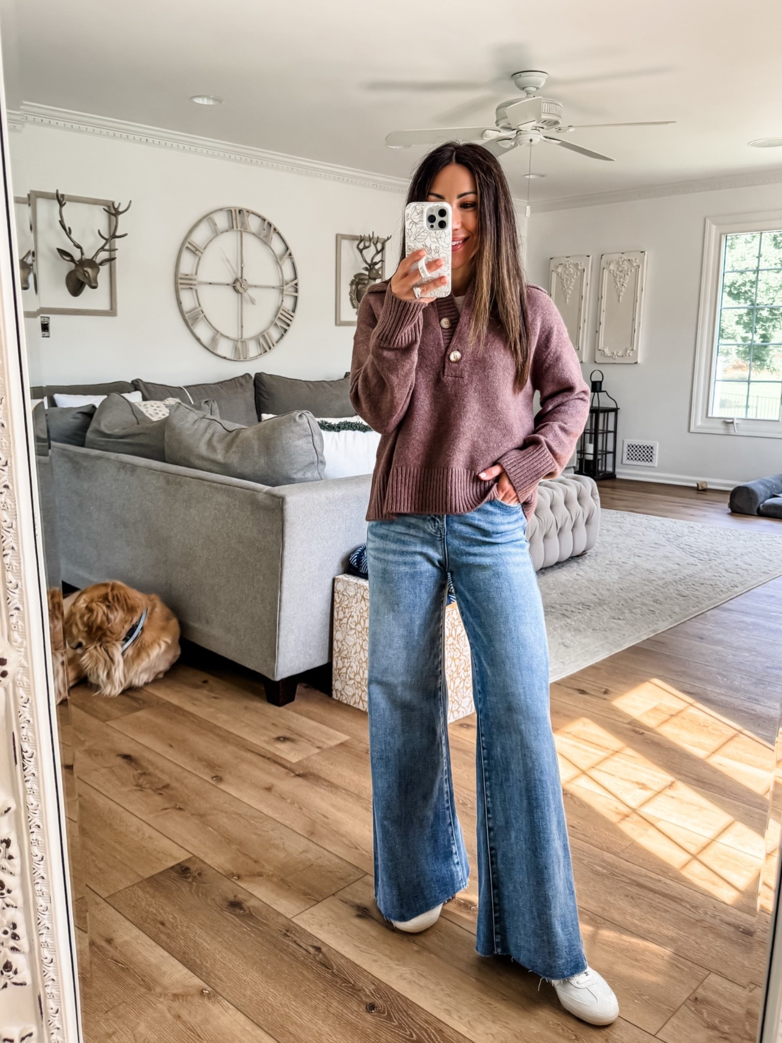 Small brown Henley sweater. 25 wide leg jeans.

#LTKOver40 #LTKPetite