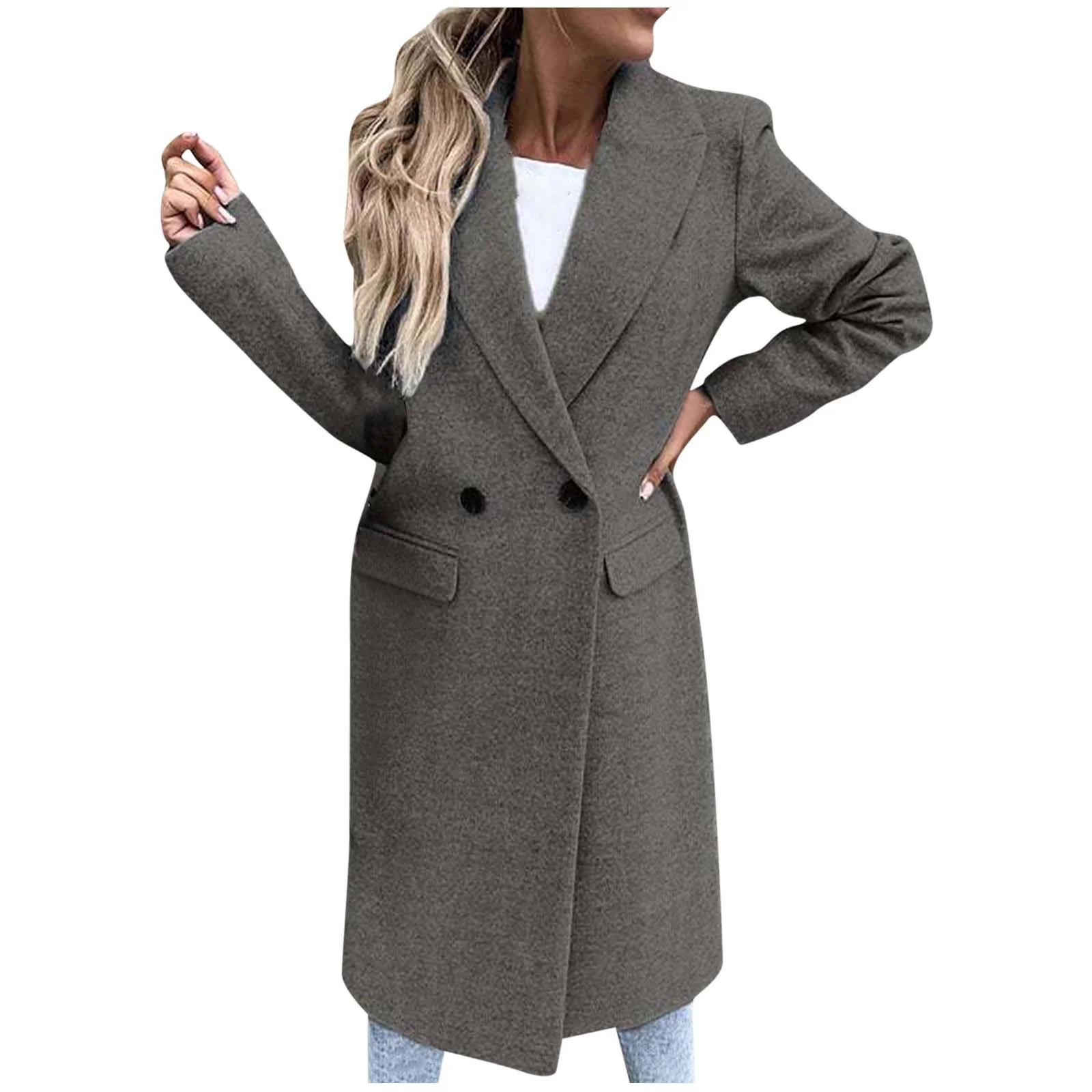 XFLWAM Long Trench Coat for Women Soft Wool Lapel Double Breasted Pea Coat Casual Business Solid ... | Walmart (US)