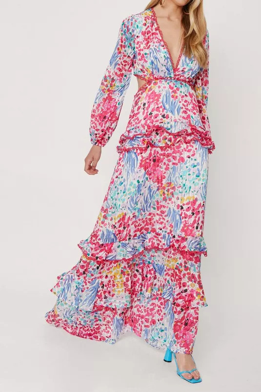 Abstract Cut Out Tiered Ruffle Maxi Dress | NastyGal (UK, IE)