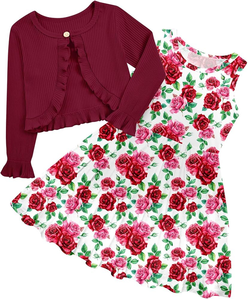 Toddler Girl Sleeveless Dresses and Long Sleeve Ruffle Cardigan 2 Piece Fall Outfits for 2-8T | Amazon (US)