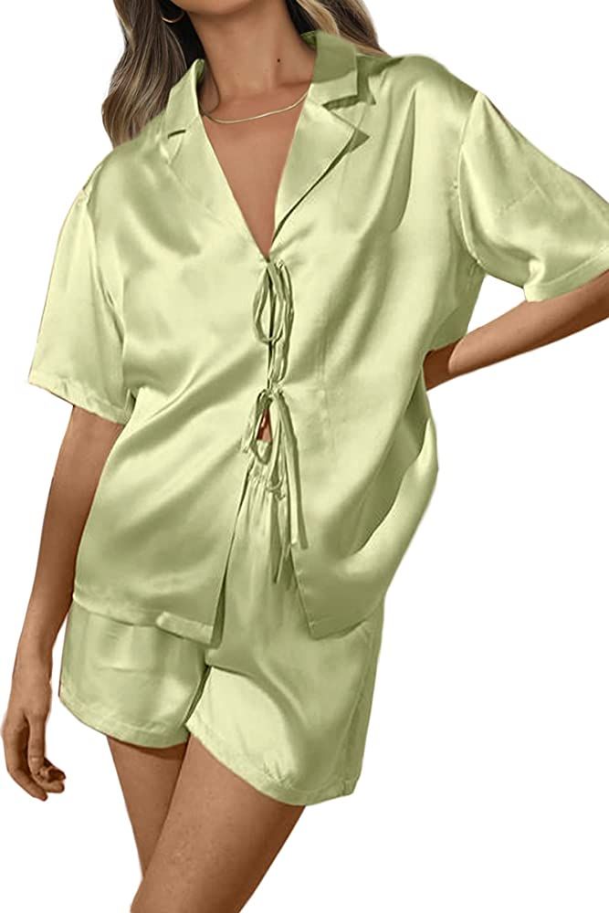 CHYRII Women's Silk Satin Pajamas Sets Tie Front Short Sleeve Tops and Shorts Two Piece Pj Sets S... | Amazon (US)