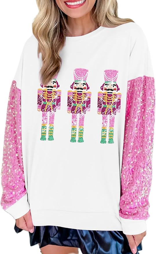 UAURORAO Christmas Sequins Sweatshirts Women Glitter Patch Crewneck Pullover Tops Sparkly Printed... | Amazon (US)