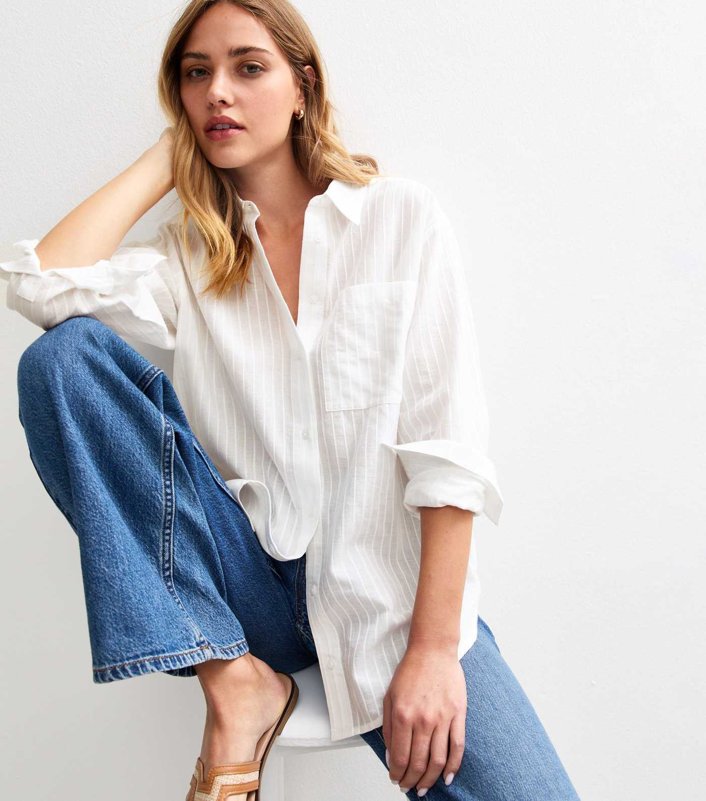 White Cotton Stripe Print Long Sleeve Shirt | New Look | New Look (UK)