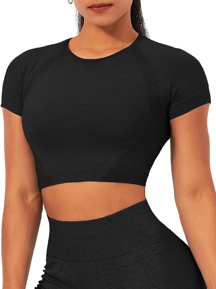 TZLDN Women Gym Short Sleeve Compression Shirt Seamless Tight Workout Crop Tops Yoga Sports Athle... | Amazon (US)