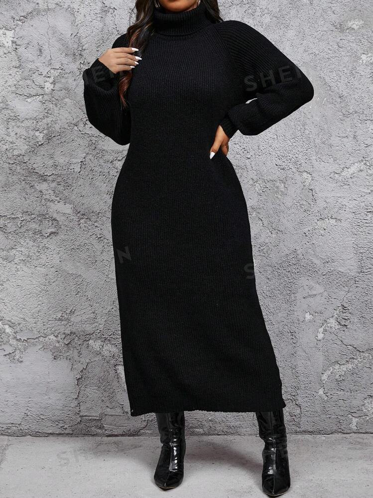 SHEIN Privé Plus Size Cozy Casual Minimalist Turtleneck Loose Thick Warm Cardigan Sweater Dress ... | SHEIN