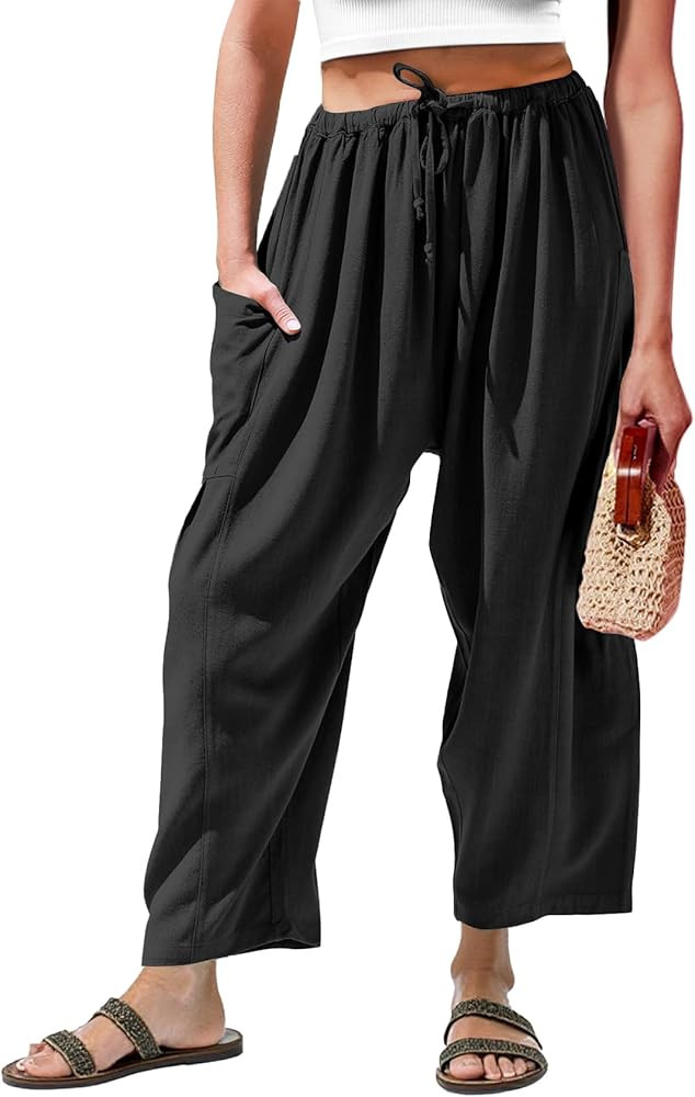 Duyang Women Linen Wide Leg Pants Casual Summer Palazzo Pants Beach Vacation Outfits Flowy Loose ... | Amazon (US)