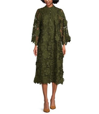 J.Marie Seraphina 3D Lace Floral Mandarin Collar Long Sleeve Button Front Midi Shift Dress | Dill... | Dillard's