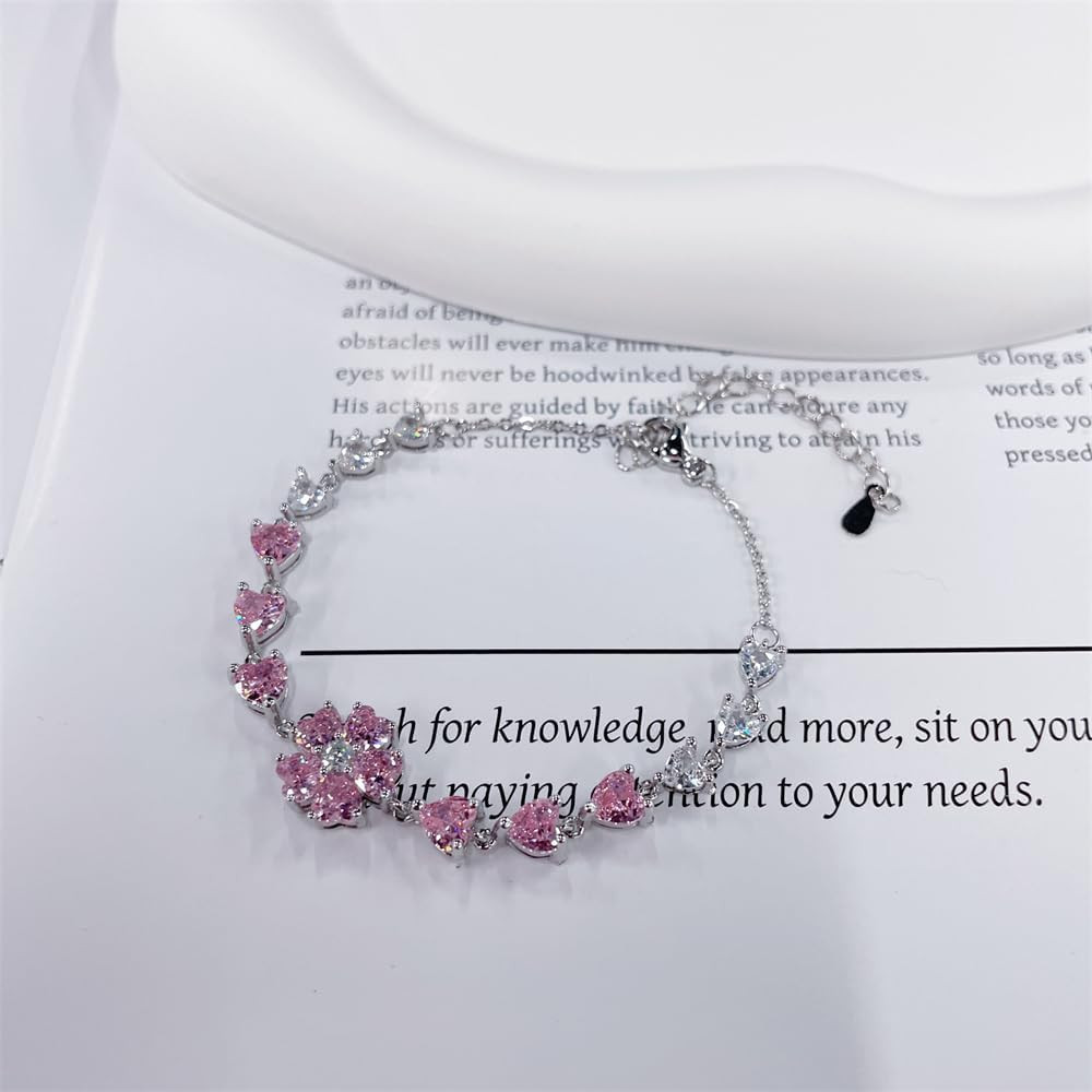 Pink Crystal Cherry Blossom Flower Chain Link Bracelet for Women Sterling Silver Plated Fashion Cute Delicate Heart Love CZ Petal Floral Sakura Bracelets Adjustable Sweet Dainty Fine Jewelry Gifts Lover 20cm | Amazon (US)