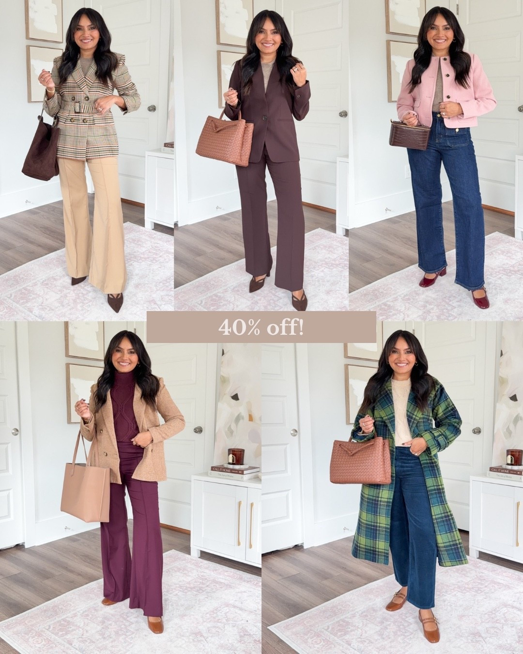 Fall Workwear Office Outfits! Use code SURPRISE40 for 40% off through 10/13
For reference: I’m 5’0, 32b bra size, and 2/26 in bottoms, pear shaped. 
*Everything I share is unaltered! TTS means true to size.

Plaid pure chocolate blazer size 0 petite TTS
Light brown sweater size xxs TTS
Tan cafe au lait pants size 2 petite TTS
Brown heels size 5 TTS


Brown pure chocolate blazer size 0 petite TTS
Light brown sweater size xxs TTS
Brown pure chocolate pants size 2 petite TTS
Brown heels size 5 TTS

Pink pale mauve jacket size 0 petite - runs a little small, size up a size if you want to button and have a larger bust
Light brown sweater size xxs TTS
Jeans size 26 petite TTS
Burgundy mary jane heels size 5 TTS

Camel blazer size xxs petite - runs big, size down a size
Poised plum color sweater size xs petite TTS
Poised plum color pants size 2 petite TTS
Brown mocha latte size 5 TTS


Green bonsai tree color coat size xs petite - runs big, I  would size down a size - the xxs petite would look better on me!
Ivory pale sandalwood color sweater size xs petite TTS
Navy moonlit backdrop color pants size 2 petite - runs a little snug in the waist, size up a size if you like more room in the waist
Brown mocha latte size 5 TTS


fall office outfits
petite workwear
petite fall outfits
business casual outfits
capsule wardrobe fall
petite capsule wardrobe
workwear essentials
petite style guide
neutral fall outfits
petite outfit ideas
fall work capsule
what to wear to work fall
elevated office style
petite fashion finds
petite business casual
Rachel Miranda Blog
Honeysweetpetite
Honey Sweet Petite


Comment SHOP below to receive a DM with the link to this post on my LTK ⬇ https://liketk.it/5qWoM #ltkpetite #ltksalealert #ltkworkwear

#LTKWorkwear #LTKSaleAlert #LTKPetite