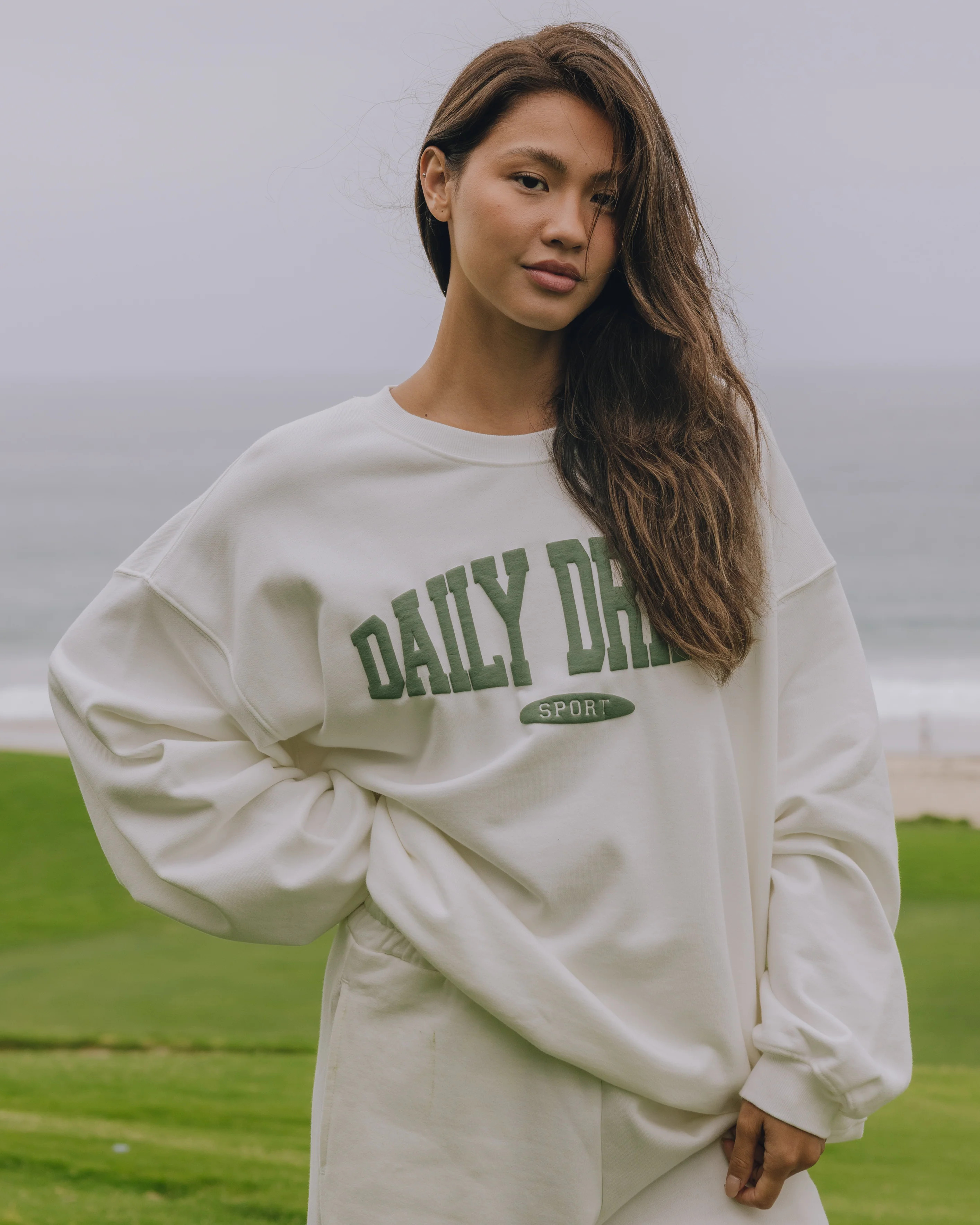 Oversized Sport Crew - Raw White with DD Green | Daily Drills LLC