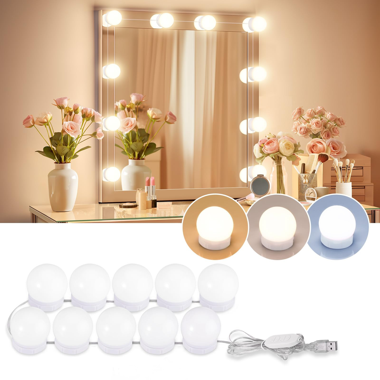 LED Vanity Lights For Mirror, Consciot Hollywood Style With 10 Dimmable Bulbs, Adjustable Color &... | Amazon (US)