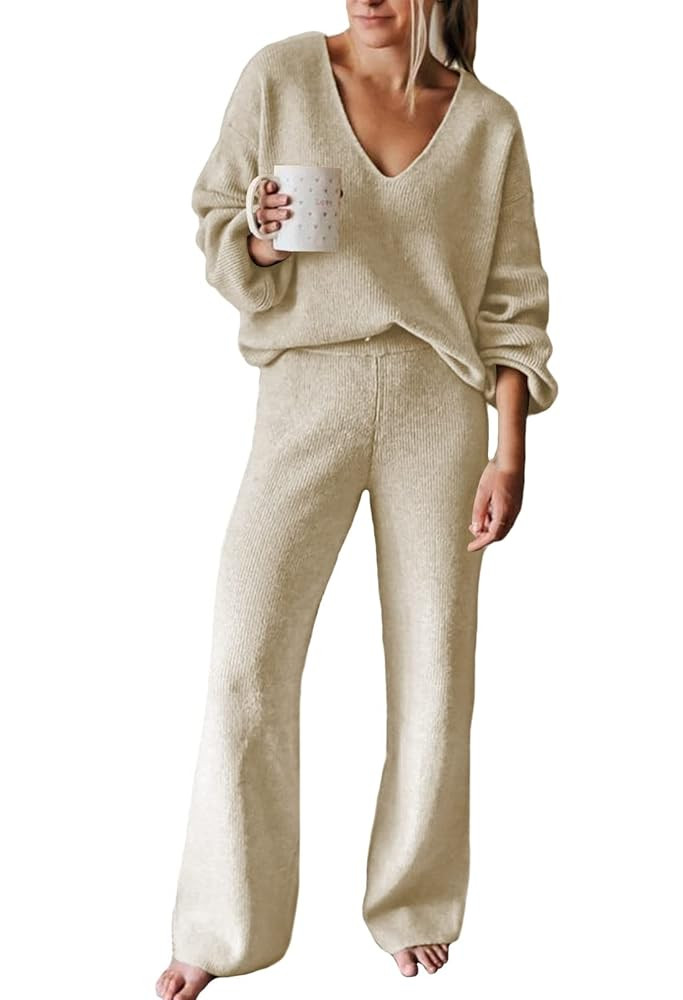 Viottiset Women's 2 Piece Outfits Casual V Neck Knit Wide Leg Sweater Lounge Set Sweatsuit | Amazon (US)