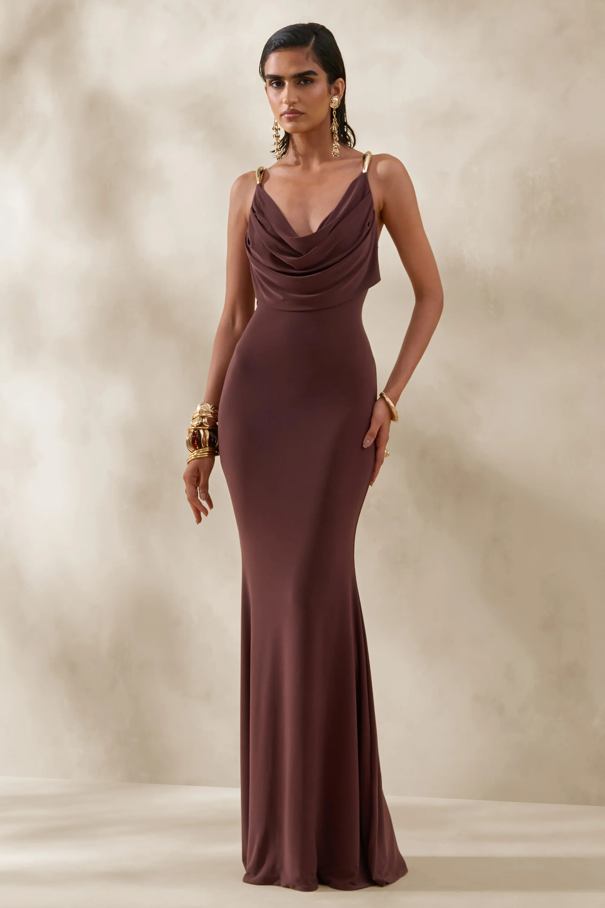 Iridessa | Brown Plunge-Neck Maxi Dress | Club L London
