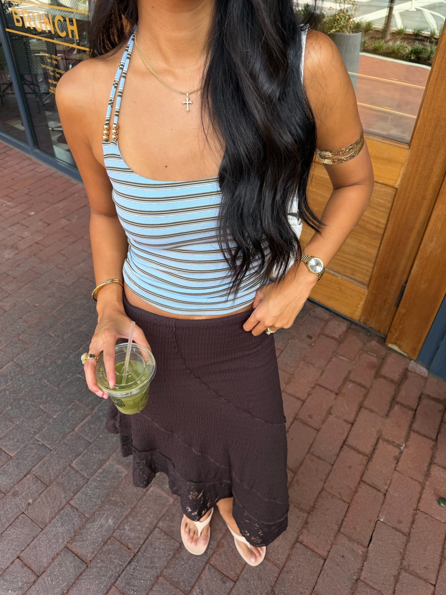 Summer outfit. Hawaii outfit. Striped tank. Brown skirt outfit. Gold accessories. Asymmetrical skirt. Casual outfit.

#LTKootd #LTKgrwm #LTKWorkwear
