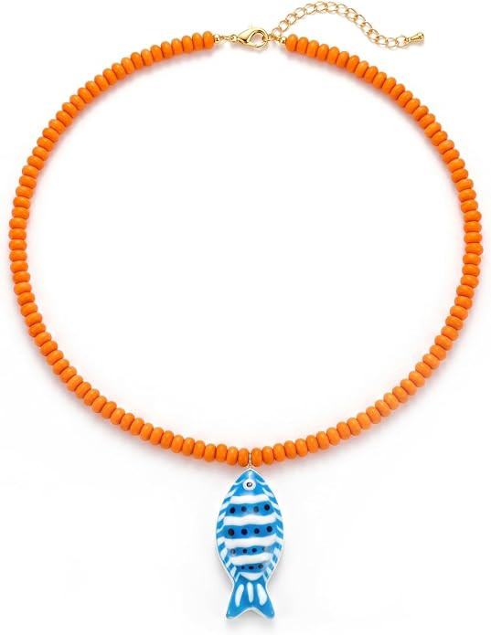 Chunky Beaded Fish Necklace for Women Boho Fish Pendant Necklace Colorful Resin Beaded Necklaces ... | Amazon (US)
