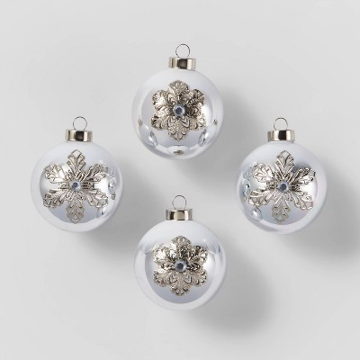 4ct Silver Snowflake Decal & Ombre Glass Round Christmas Ornament White & Silver - Wondershop™ | Target