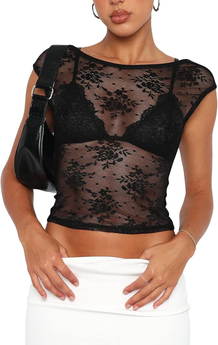 Women Floral Lace Backless Top Y2K Crop Top Sheer See Through Short Sleeve Open Back T Shirts Sex... | Amazon (US)