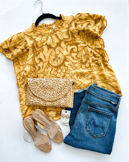 Anthropologie Promo this weekend! Spend $150, get $50 later or spend $300, get $100 later. Valid on full price items. Remember this pretty top I shared last year? It’s back again this season in beautiful new colors! Anthropologie top size large. Mother jeans size 32. Schutz sandals true to size. Amazon fashion straw clutch bag.

Spring outfit, spring outfits, jeans, spring outfit inspiration, summer outfit inspiration, summer outfit, everyday outfits spring, casual outfits, summer outfits, straw clutch purse, Mother jeans, sandals, cork sandals, clear sandals, date night outfit

#LTKsalealert #LTKmidsize #LTKstyletip