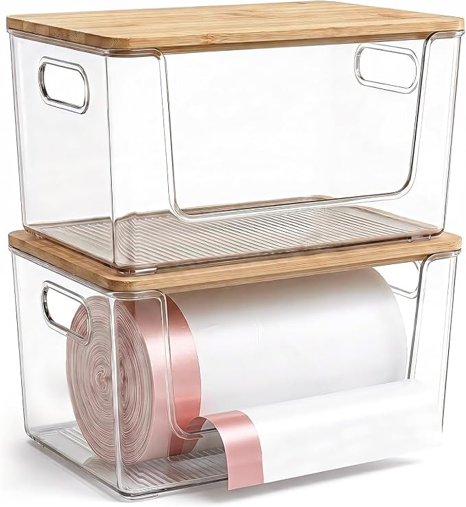 Trash Bag Holder 2 Pack, Stackable Garbage Bag Dispenser with Bamboo Lid, Large Capacity Under Si... | Amazon (US)