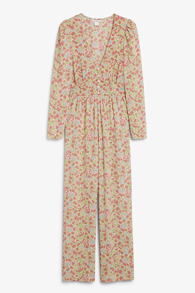 Pink floral long sleeve v neck jumpsuit | Monki