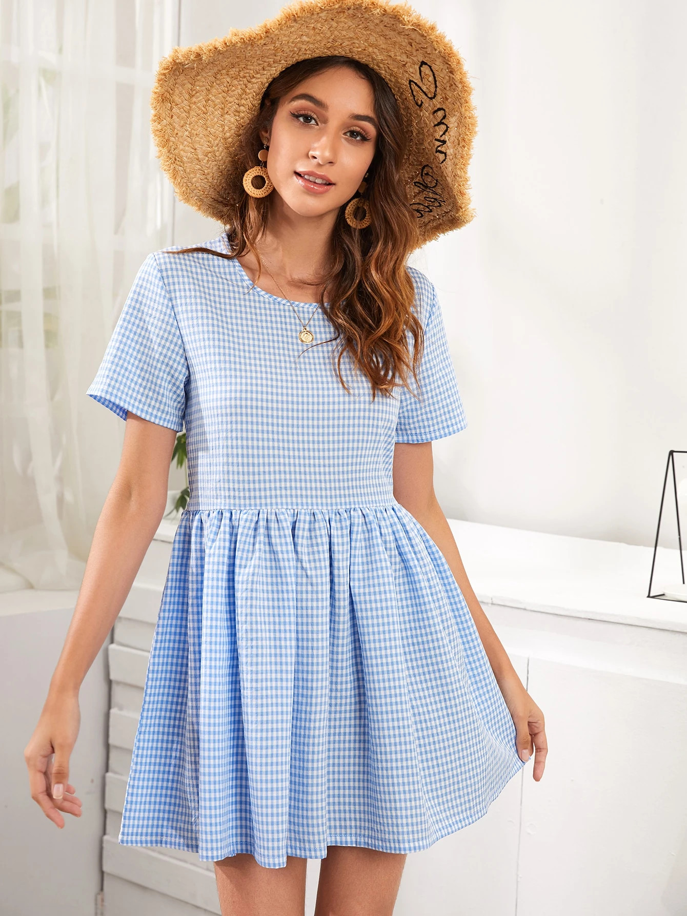 Gingham Short Sleeve Mini Babydoll Dress | SHEIN