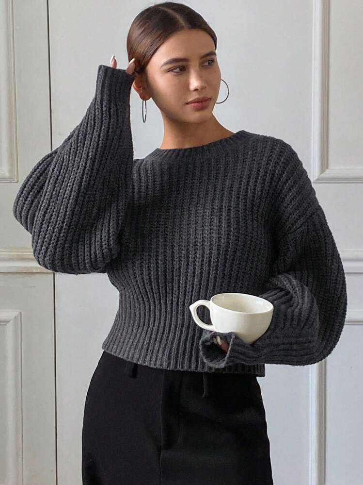 DAZY Suéter De Cuello Redondo De Manga Larga Y Ajuste Holgado De Unicolor Para Mujer, Ropa De Mujer De Otoño | SHEIN