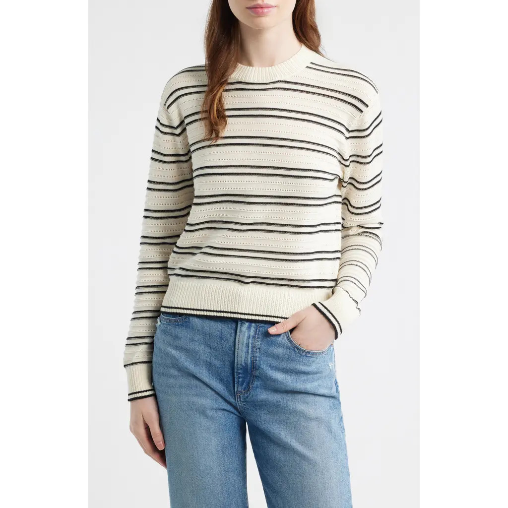 Madewell Striped Textured Stitch Cotton Crewneck Sweater in Ivory And Black Double Stripe at Nordstrom, Size X-Large | Nordstrom