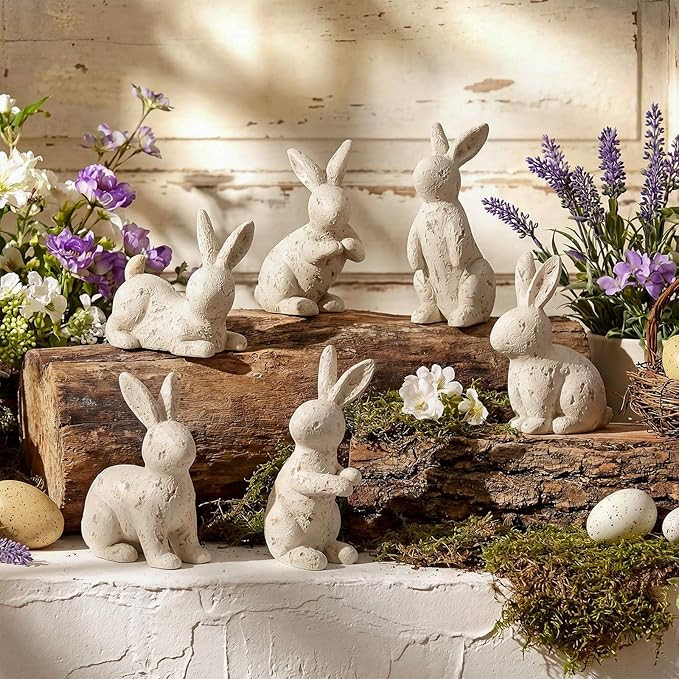 Wesiti 6 Pcs Easter Bunny Figurines Decor Vintage Travertine Bunny Figurines Set Small Spring Eas... | Amazon (US)