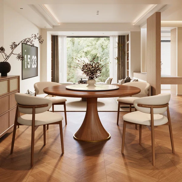 Round Mid-Century Farmhouse Solid Wood Dining Table Set With 360° Silent Turntable | Wayfair North America