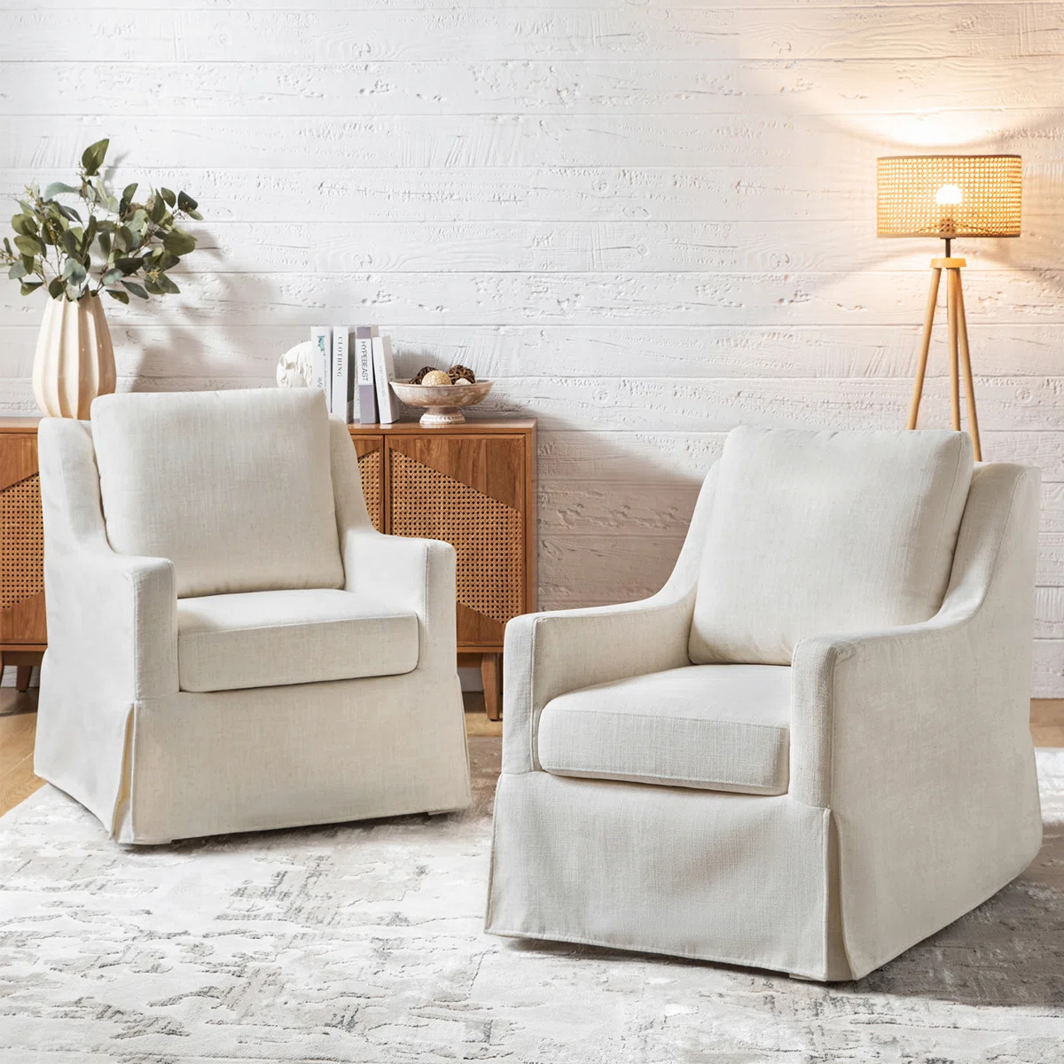 Wimberly 30"W Farmhouse Slipcover Swivel Rocking Chair with Pillow Back (Set of 2) | Wayfair North America