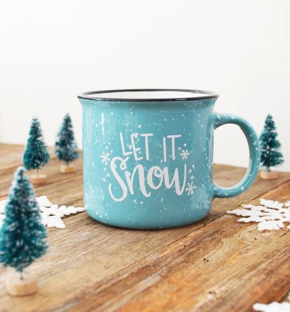 Read the full title
    IMPERFECT Let it Snow, Holiday Christmas Mug, light blue Campfire Mug, Ce... | Etsy (US)