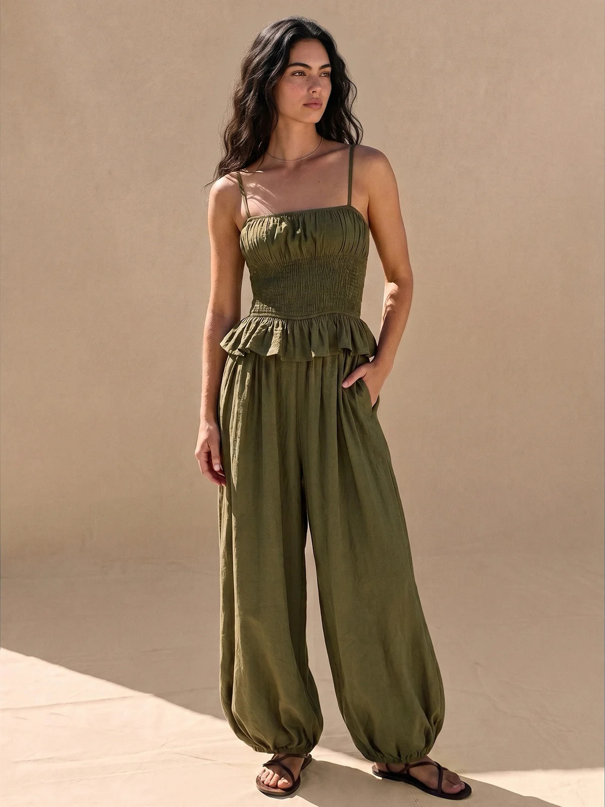 Smocked Ruffle Cami Balloon Hem Jumpsuit | Commense