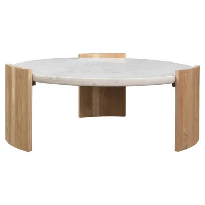 Dale Coastal Beach white marble top natural brown oak wood round coffee table